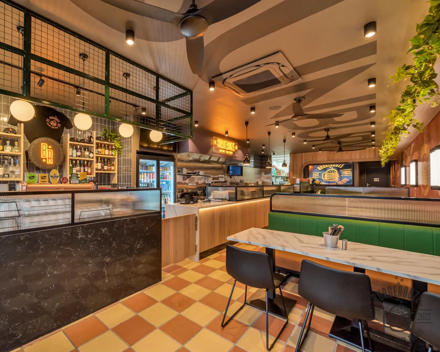 The bar and dining room inside Burgerooze